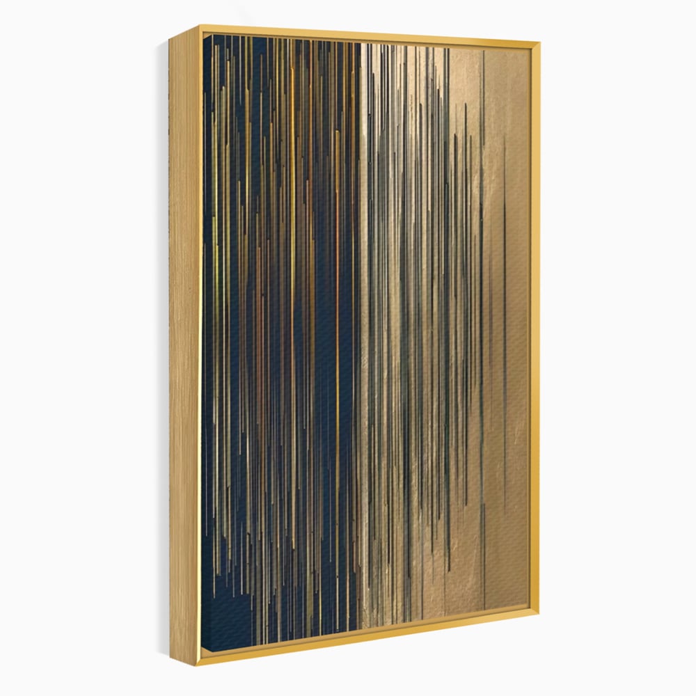Tablou canvas cu tablou abstract cu linii verticale aurii, in rama de aluminiu auriu